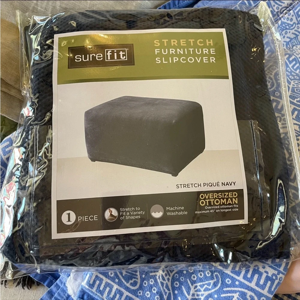 Sure Fit Stretch Box Cushion Ottoman One Piece Slipcover, Navy nwt